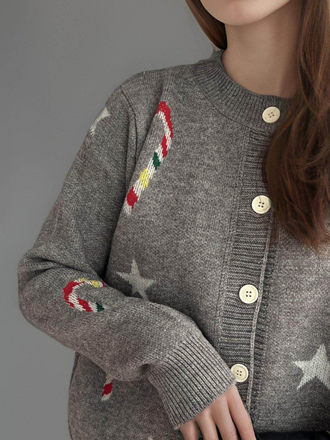 Candy Cane & Star Button Down Long Sleeve Cardigan - Delanoir