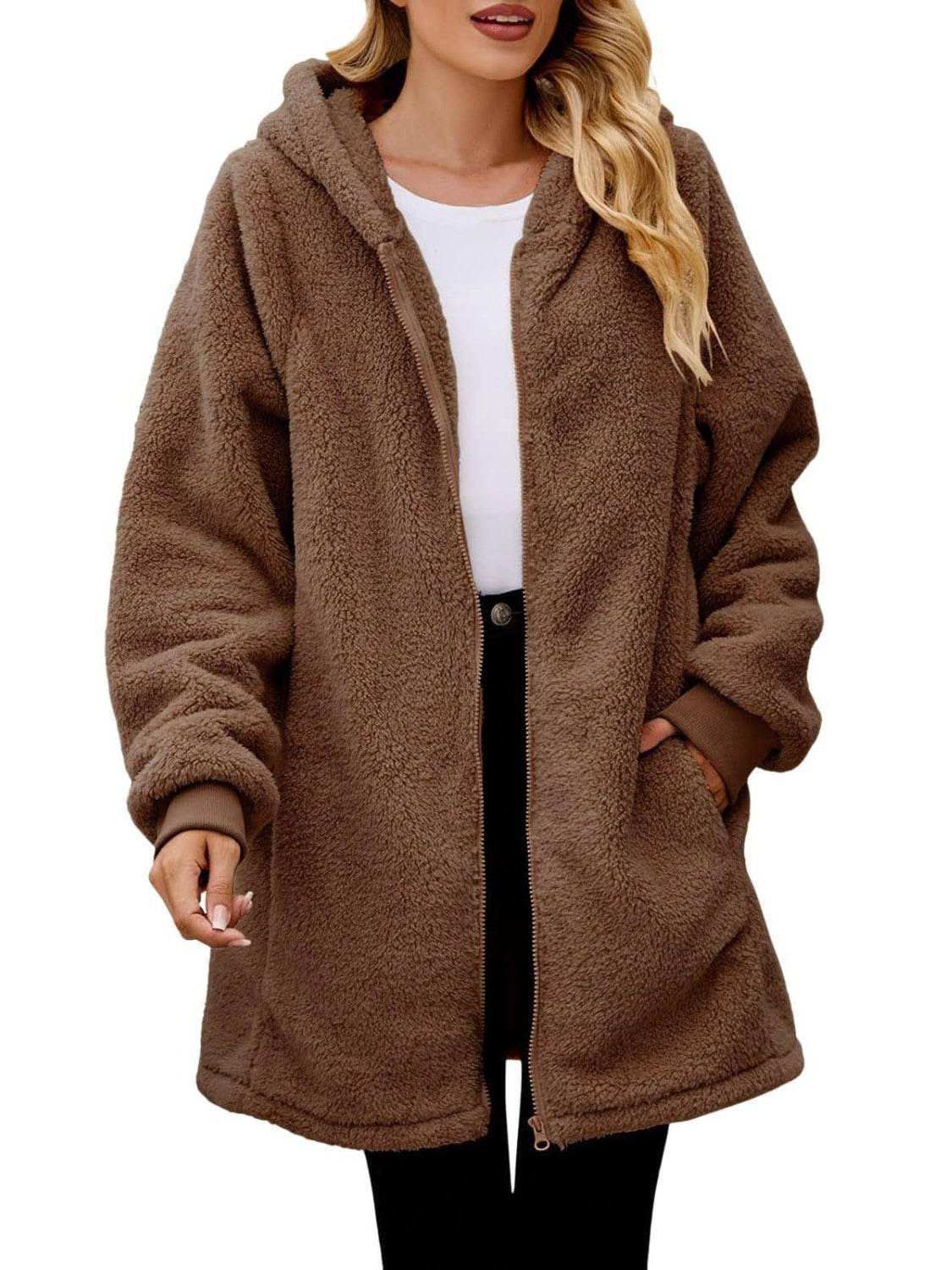 Fuzzy Pocketed Zip Up Long Sleeve Hooded Jacket - Delanoir