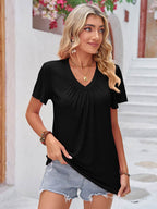Double Take Ruched V-Neck Short Sleeve T-Shirt - Delanoir