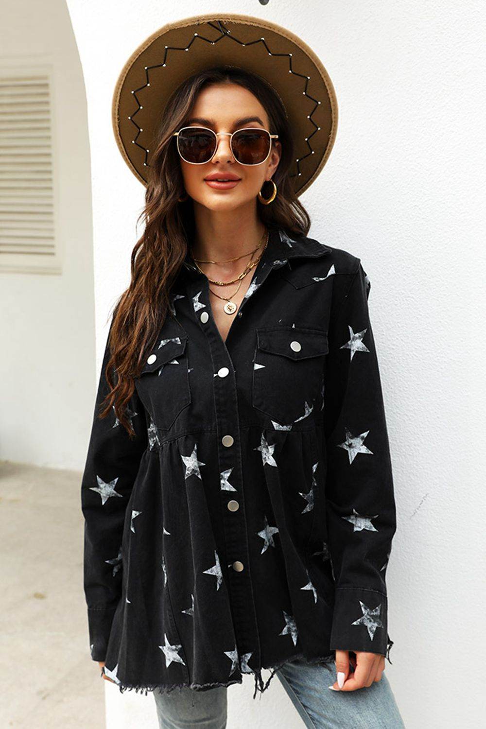 Collared Neck Star Print Long Sleeve Denim Jacket - Delanoir