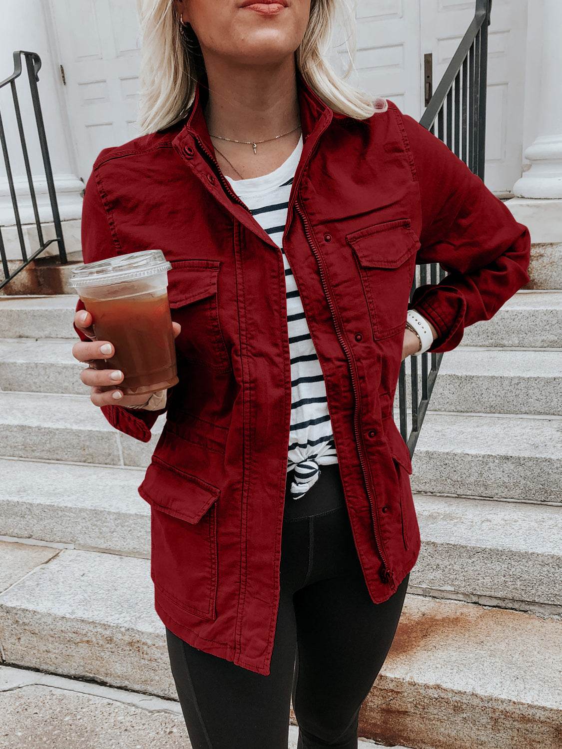 Pocketed Long Sleeve Zip Up Jacket - Delanoir