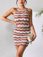 Openwork Striped Spaghetti Strap Knit Dress - Delanoir