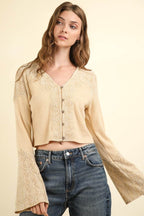 VERY J V-Neck Lace Detail Button Down Crop Ribbed Knit Top - Delanoir