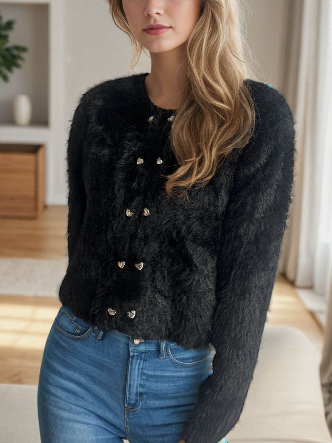Heart Button Round Neck Cardigan - Delanoir