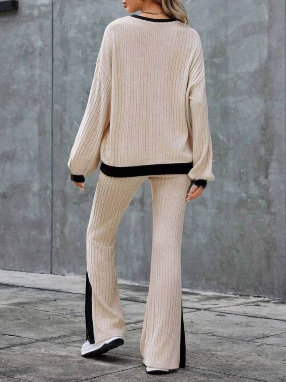 Contrast Round Neck Long Sleeve Top and Bootcut Pants Set - Delanoir