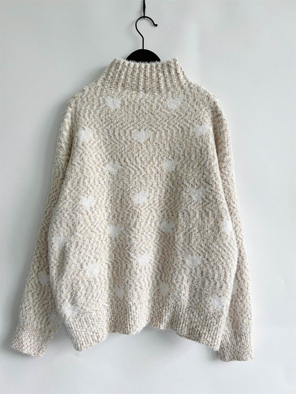 Heart Heathered Turtleneck Drop Shoulder Sweater - Delanoir