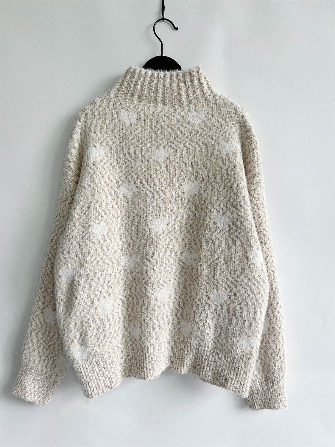 Heart Heathered Turtleneck Drop Shoulder Sweater - Delanoir