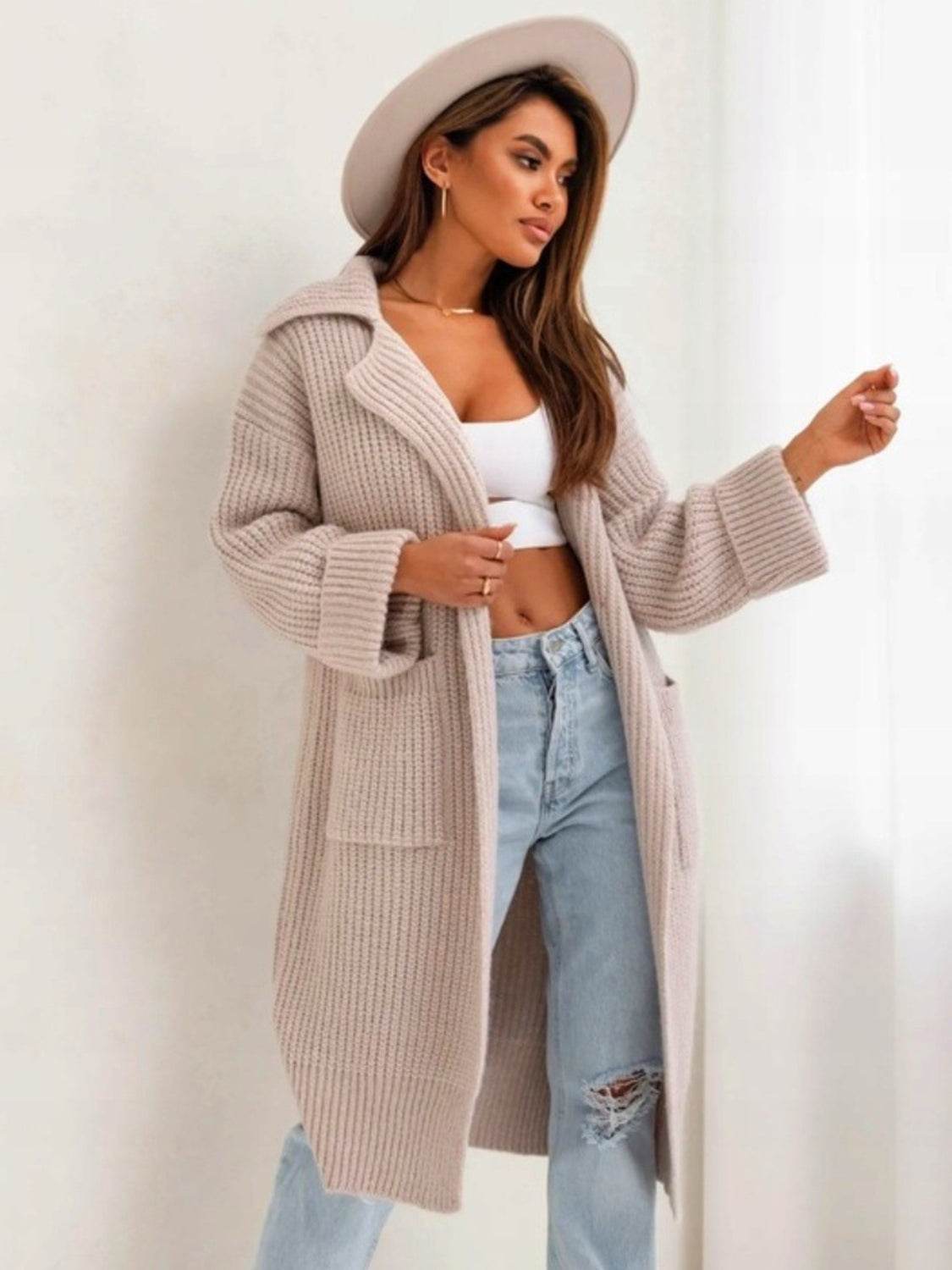 Pocketed Collared Neck Dropped Shoulder Cardigan - Delanoir
