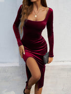 Devine Split Square Neck Long Sleeve Midi Dress - Delanoir