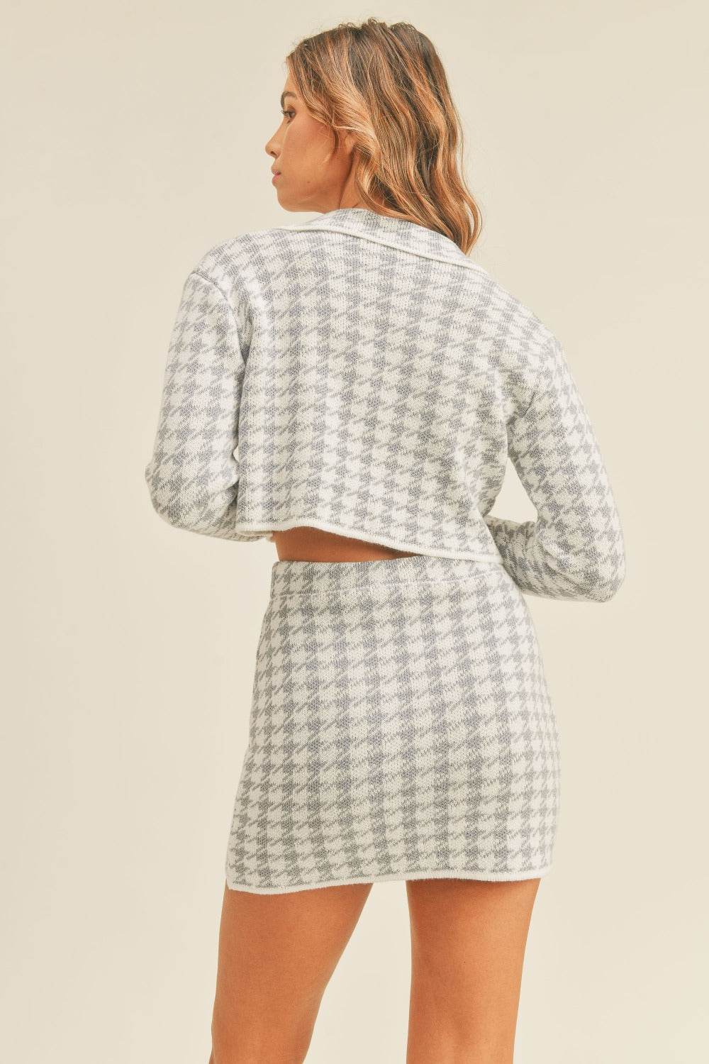 MABLE Houndstooth Cropped Knit Cardigan and Mini Skirt Set - Delanoir