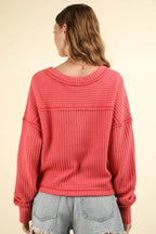 VERY J Exposed Seam V-Neck Ribbed Knit Top - Delanoir