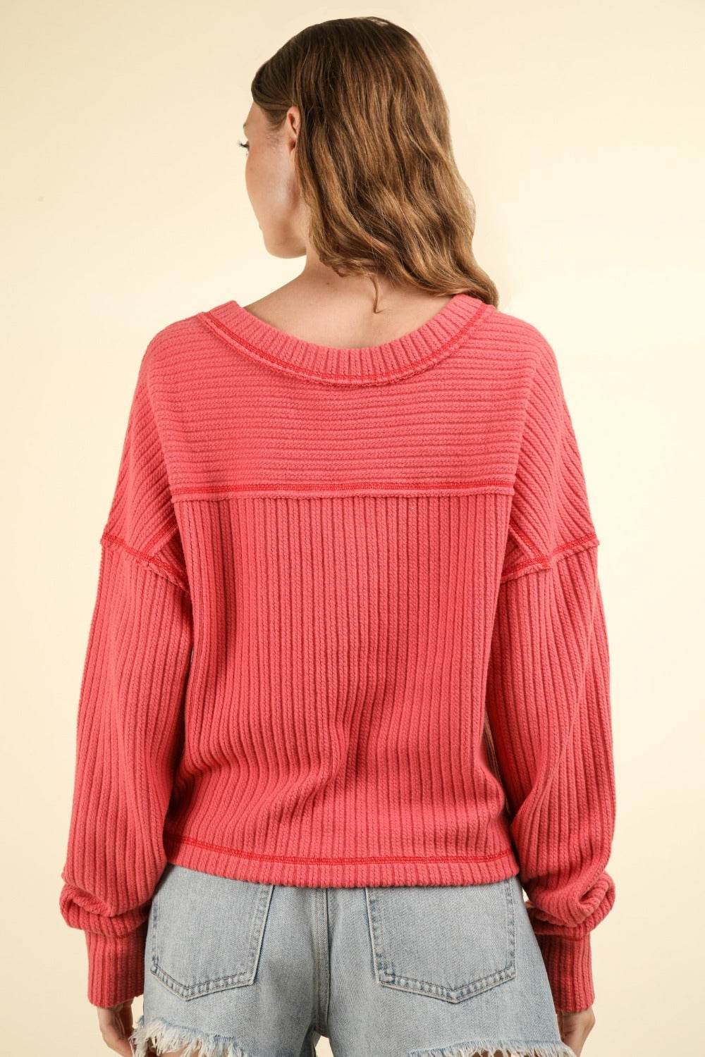 VERY J Exposed Seam V-Neck Ribbed Knit Top - Delanoir
