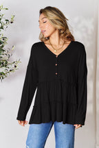 Double Take Half Button Long Sleeve Ruffle Hem Blouse - Delanoir