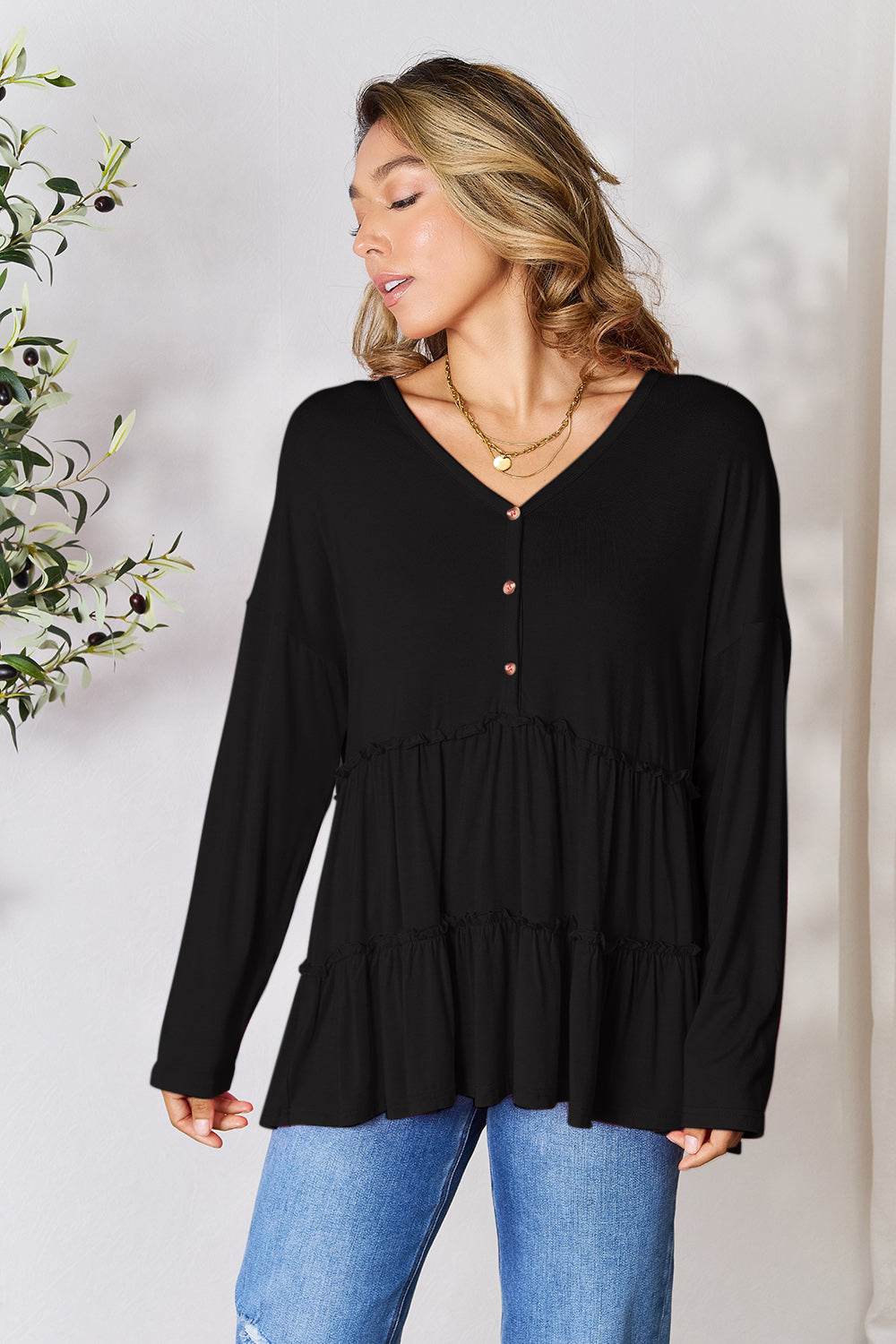 Double Take Half Button Long Sleeve Ruffle Hem Blouse - Delanoir