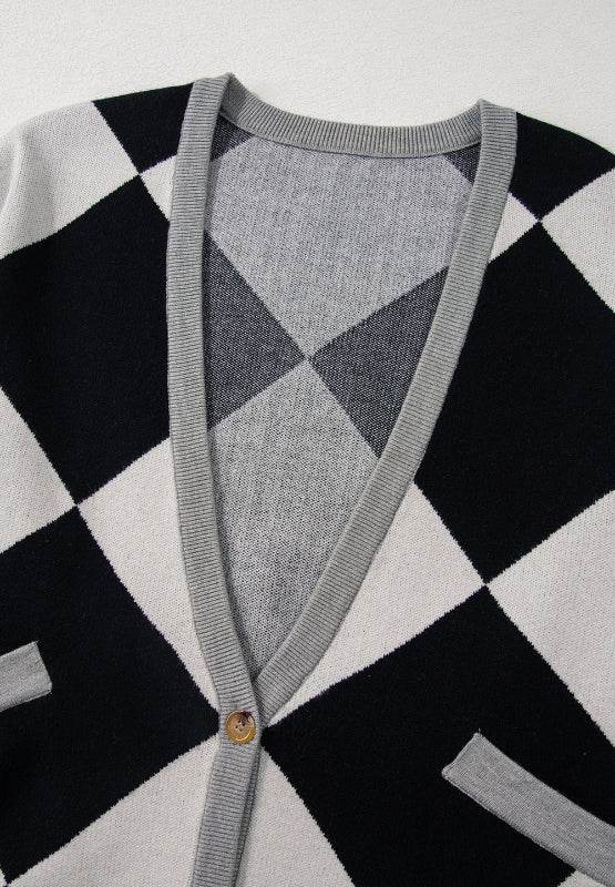 Color Block Button Down Long Sleeve Cardigan - Delanoir