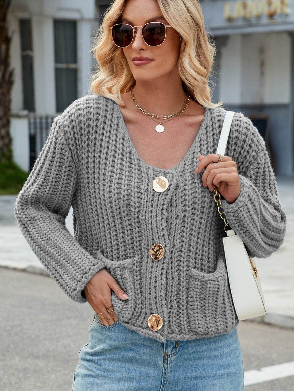 Round Neck Button Up Cardigan with Pockets - Delanoir