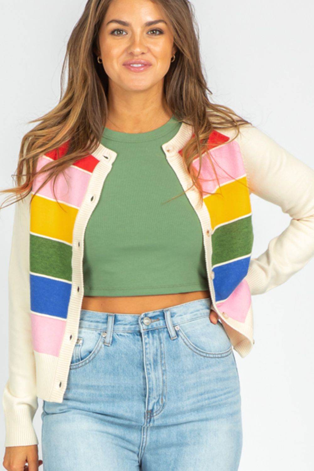 Contrast Button Down Long Sleeve Cardigan - Delanoir