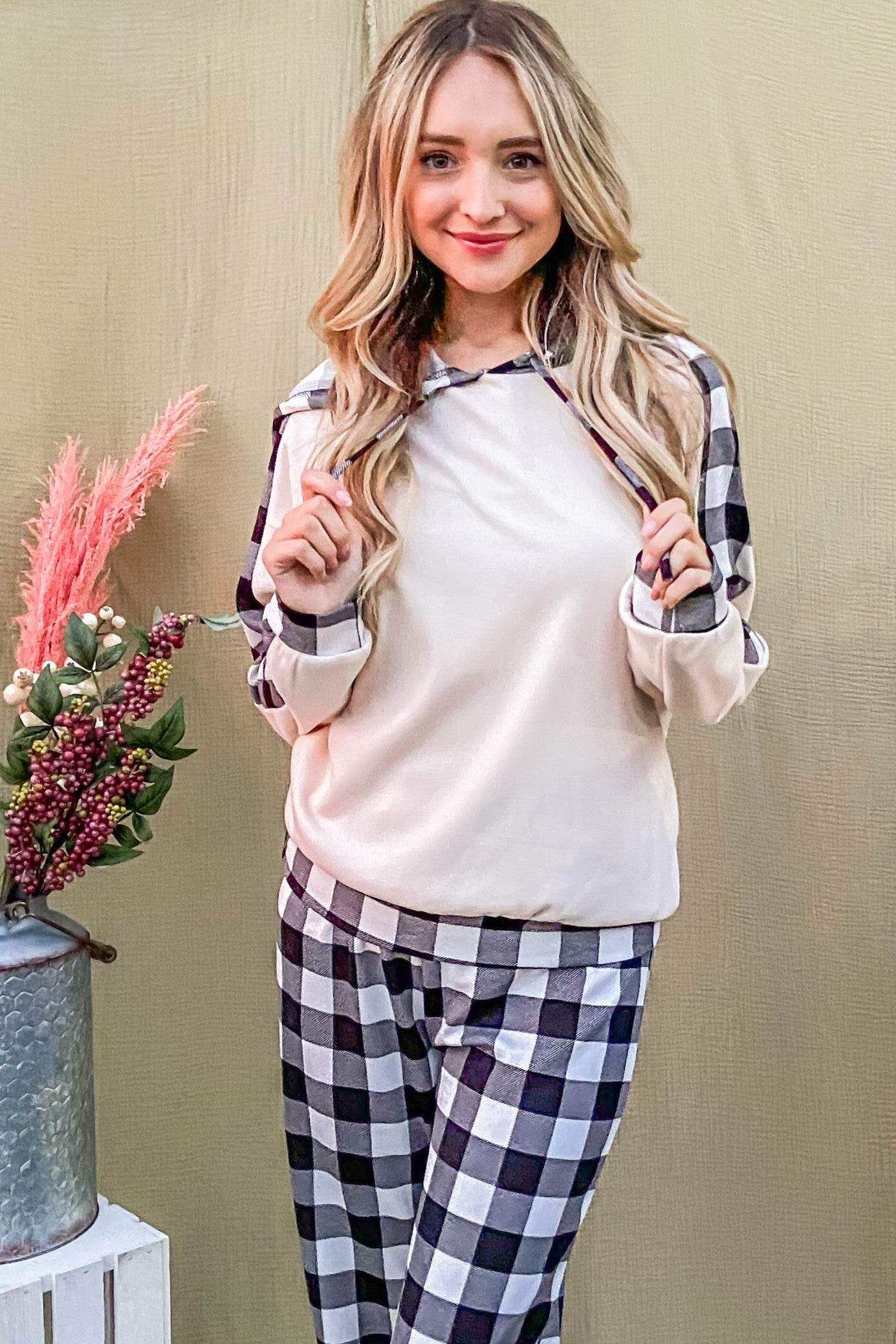 And The Why Drawstring Hooded Top and Plaid Pants Lounge Set - Delanoir