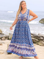 Plus Size Tied Printed Sleeveless Maxi Dress - Delanoir