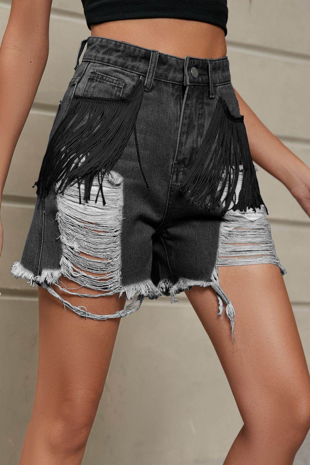 Fringe Trim Distressed Denim Shorts with Pockets - Delanoir
