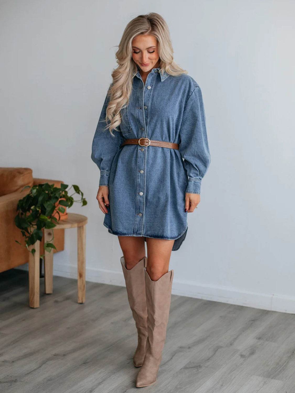Button Up Collared Neck Long Sleeve Denim Dress - Delanoir