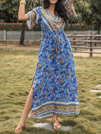 Slit Printed V-Neck Half Sleeve Maxi Dress - Delanoir