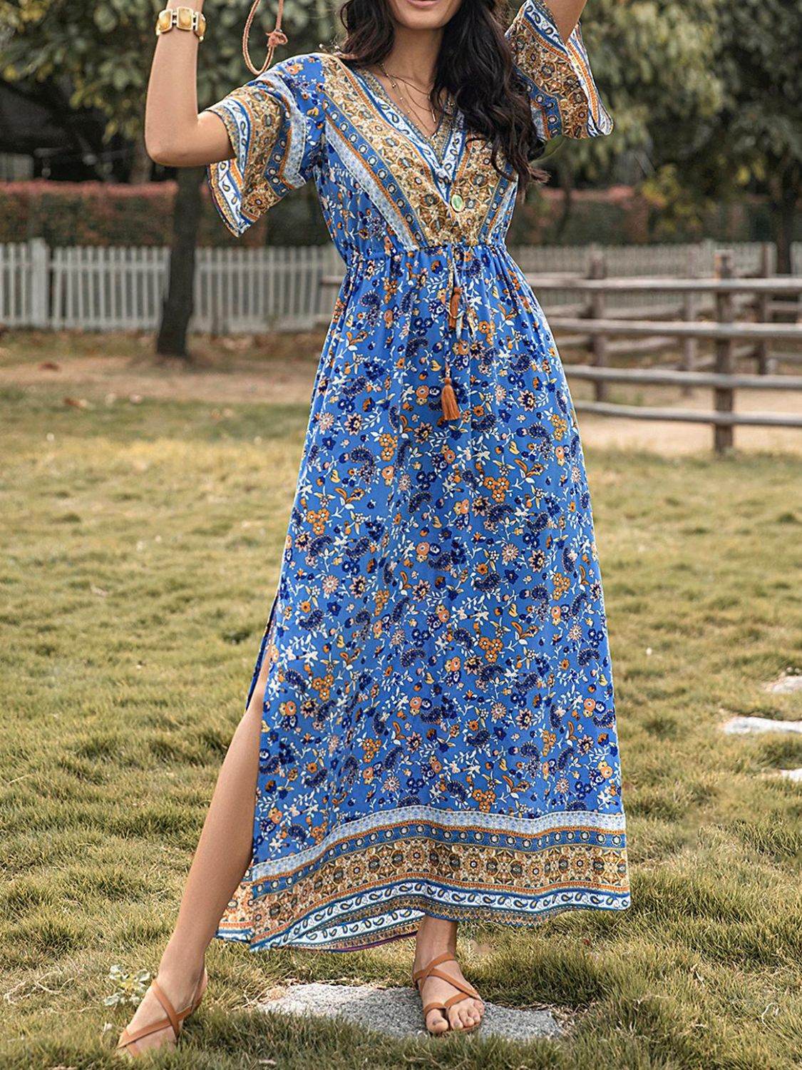 Slit Printed V-Neck Half Sleeve Maxi Dress - Delanoir
