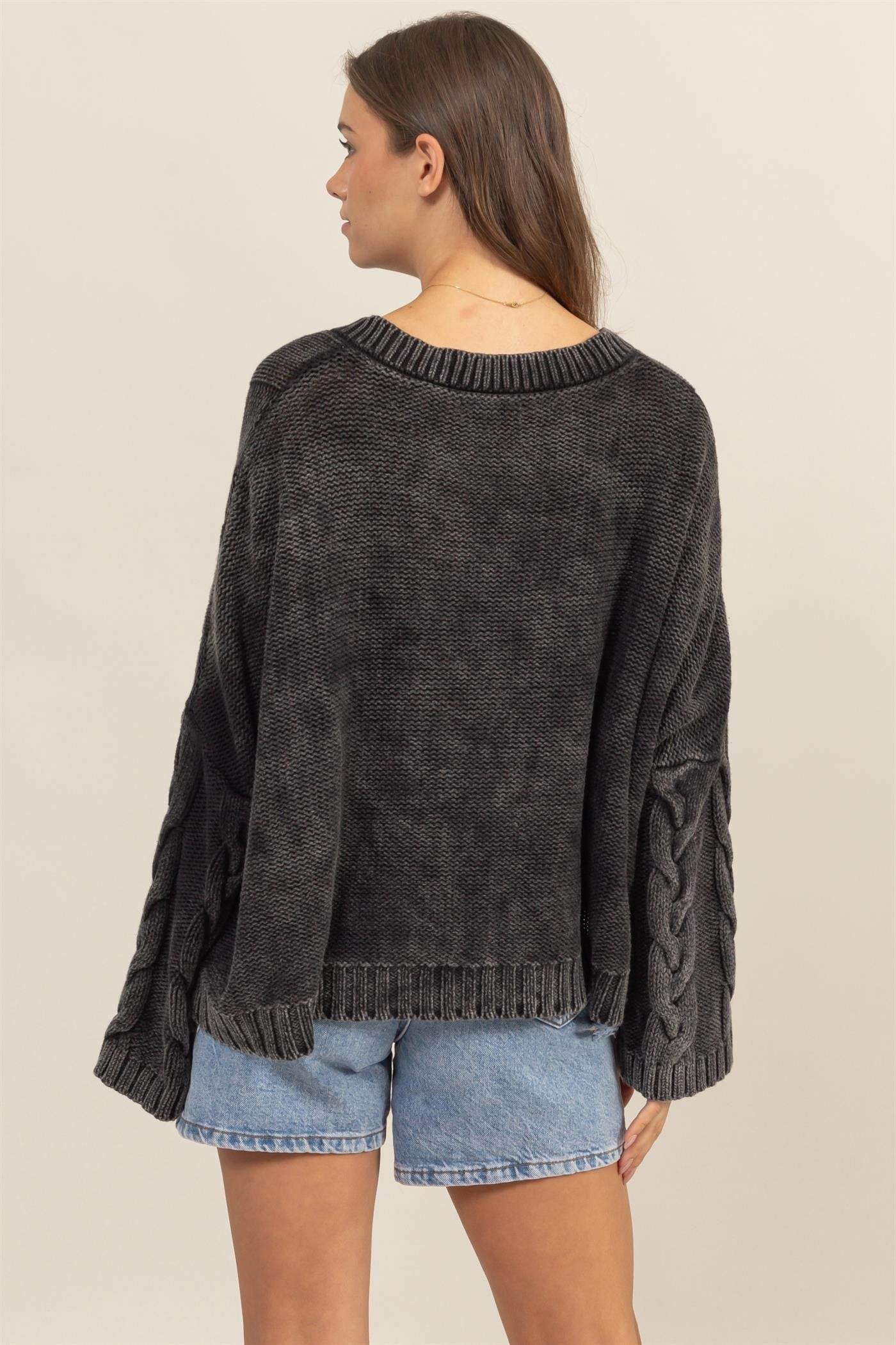 HYFVE Cable Knit V-Neck Dropped Shoulder Oversized Sweater - Delanoir