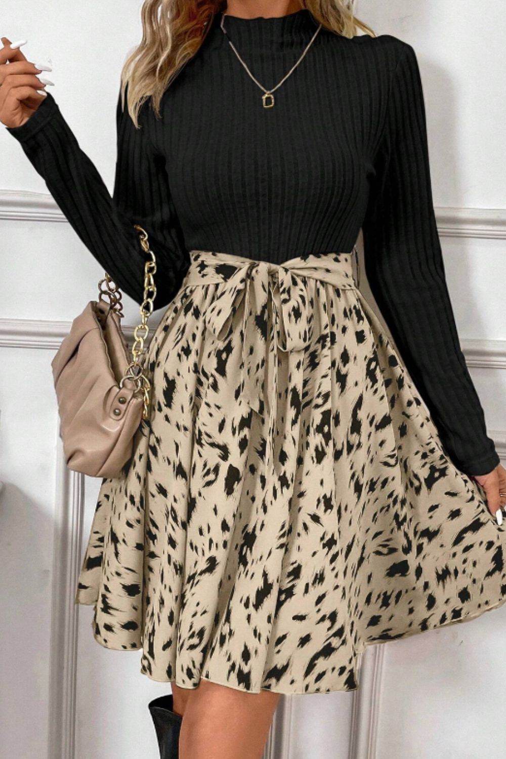 Printed Tie Waist Mock Neck Long Sleeve Dress - Delanoir