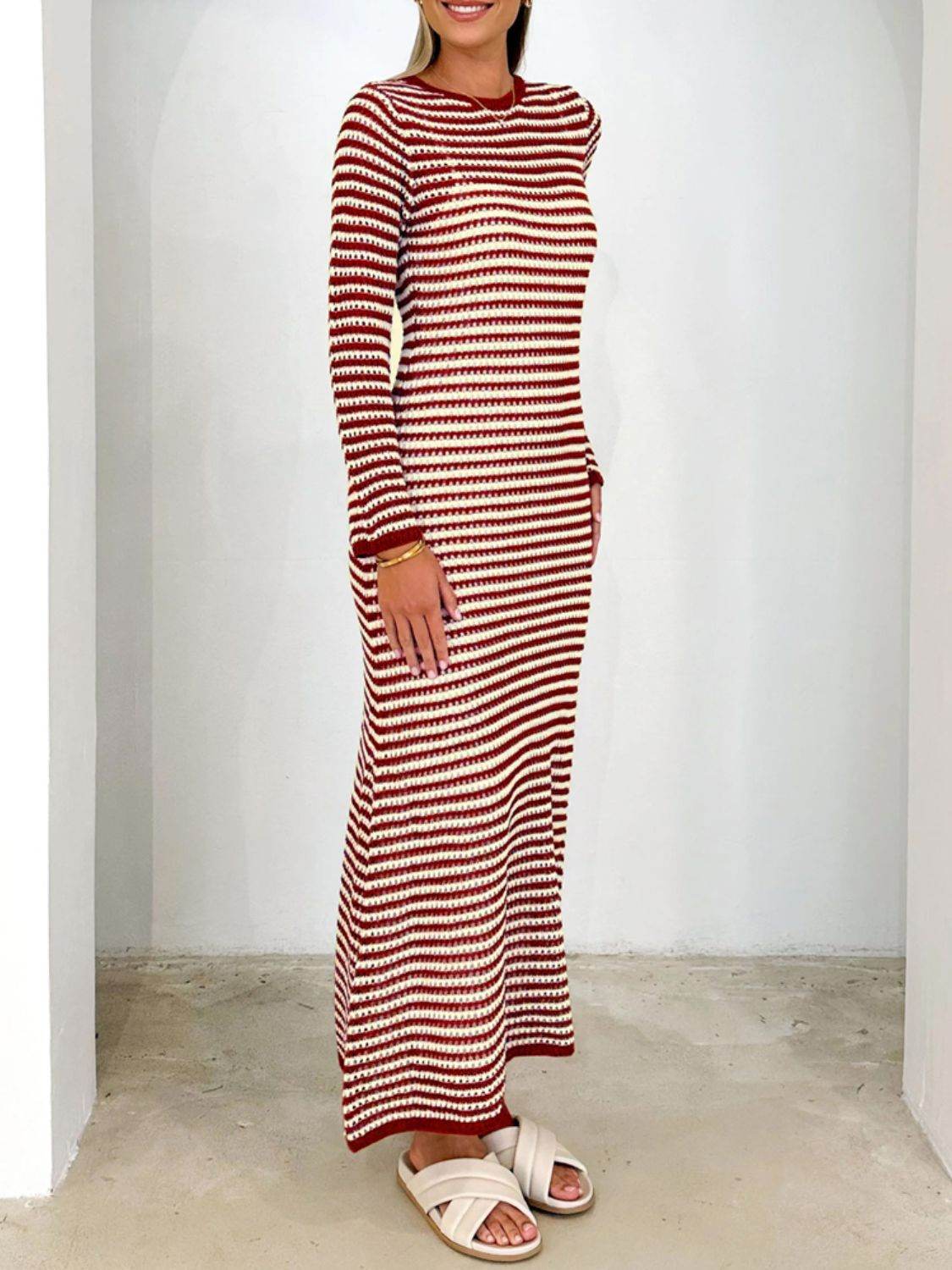 Devine Tied Round Neck Striped Sweater Dress - Delanoir