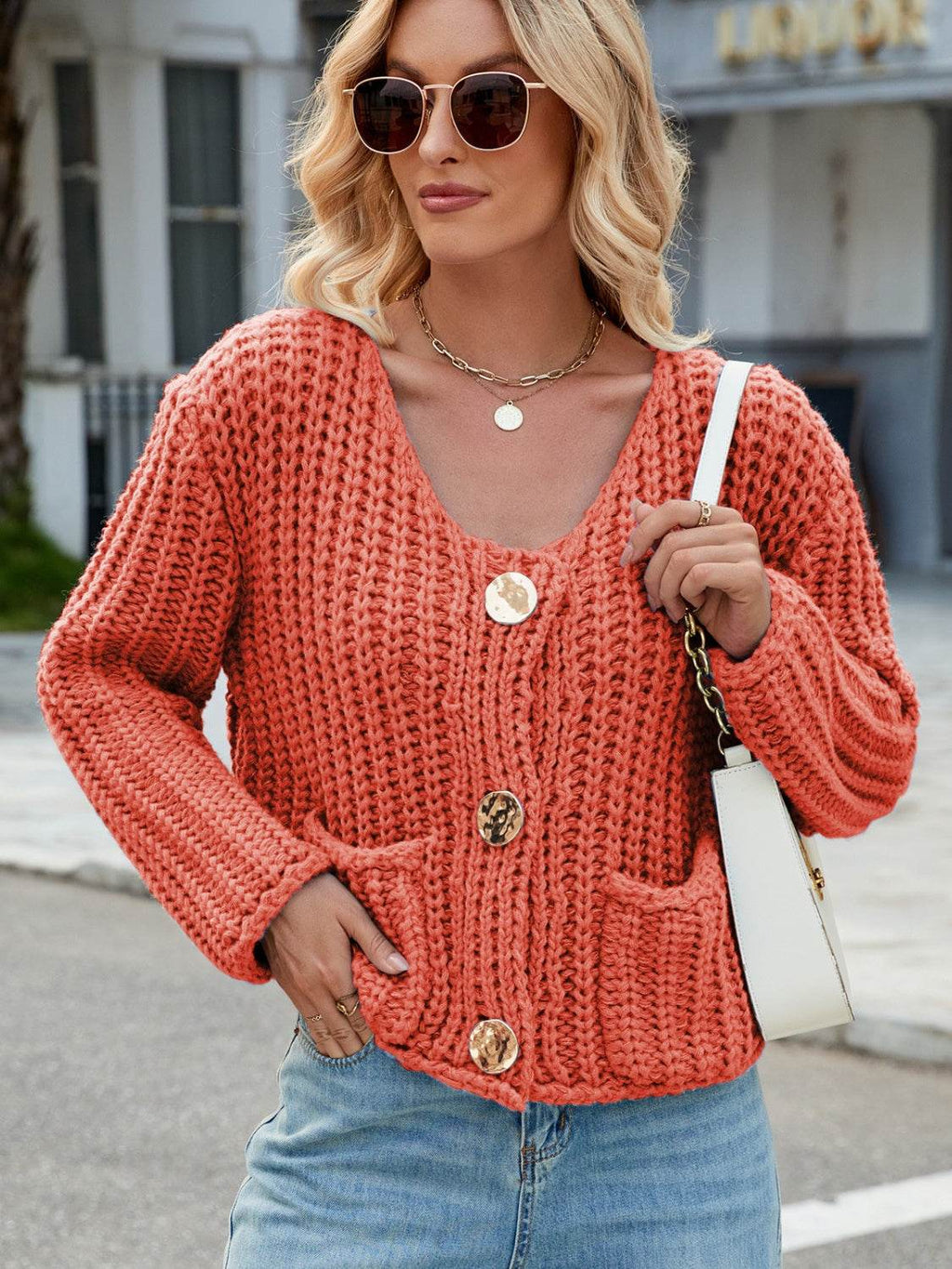 Round Neck Button Up Cardigan with Pockets - Delanoir