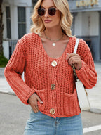 Round Neck Button Up Cardigan with Pockets - Delanoir