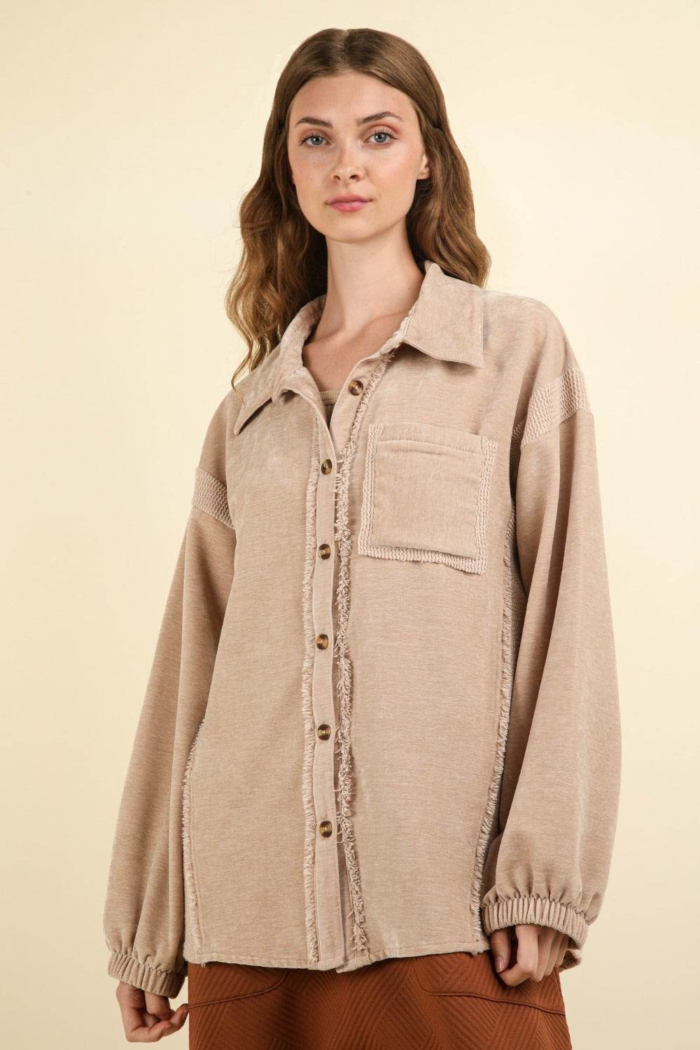 VERY J Mixed Media Button Down Raw Hem Shacket - Delanoir