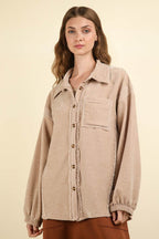 VERY J Mixed Media Button Down Raw Hem Shacket - Delanoir