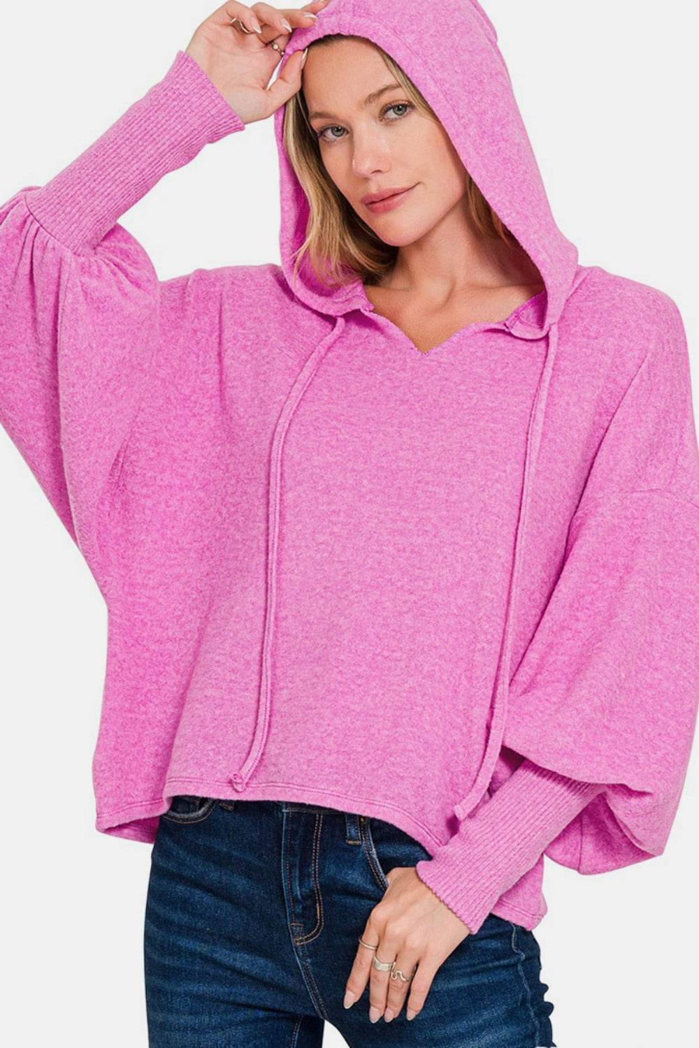 Zenana Brushed Hacci Drop Shoulder Cropped Hoodie - Delanoir