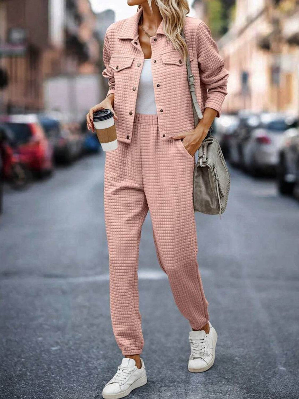 Plaid Texture Snap Down Top and Pants Set - Delanoir