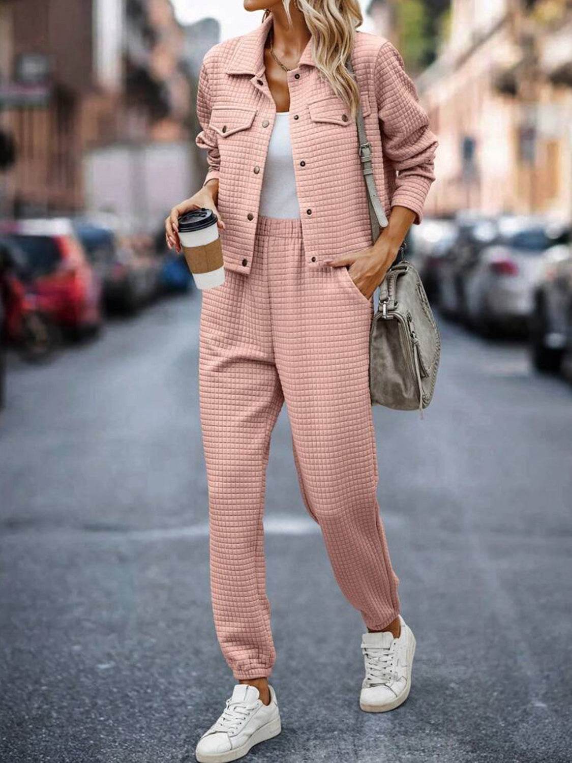 Plaid Texture Snap Down Top and Pants Set - Delanoir