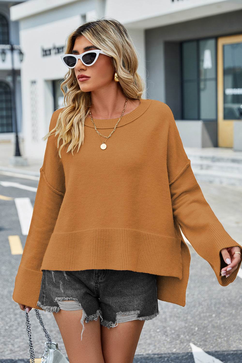 High-Low Slit Round Neck Long Sleeve Sweater - Delanoir