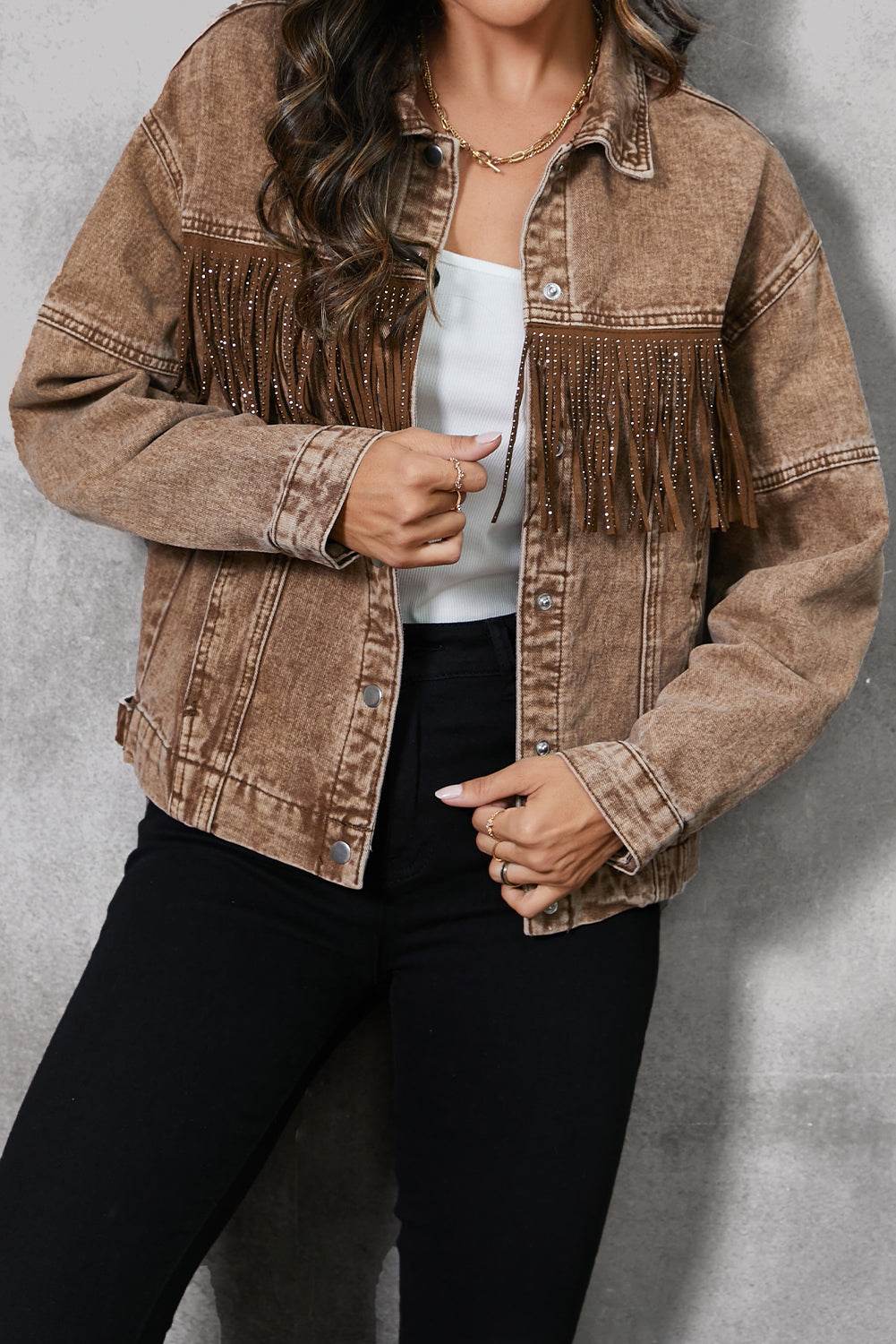 Fringe Trim Snap Down Denim Jacket - Delanoir