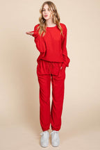 Super Lady Full Size Crinkle Check Round Neck Top and Pants Lounge Set - Delanoir