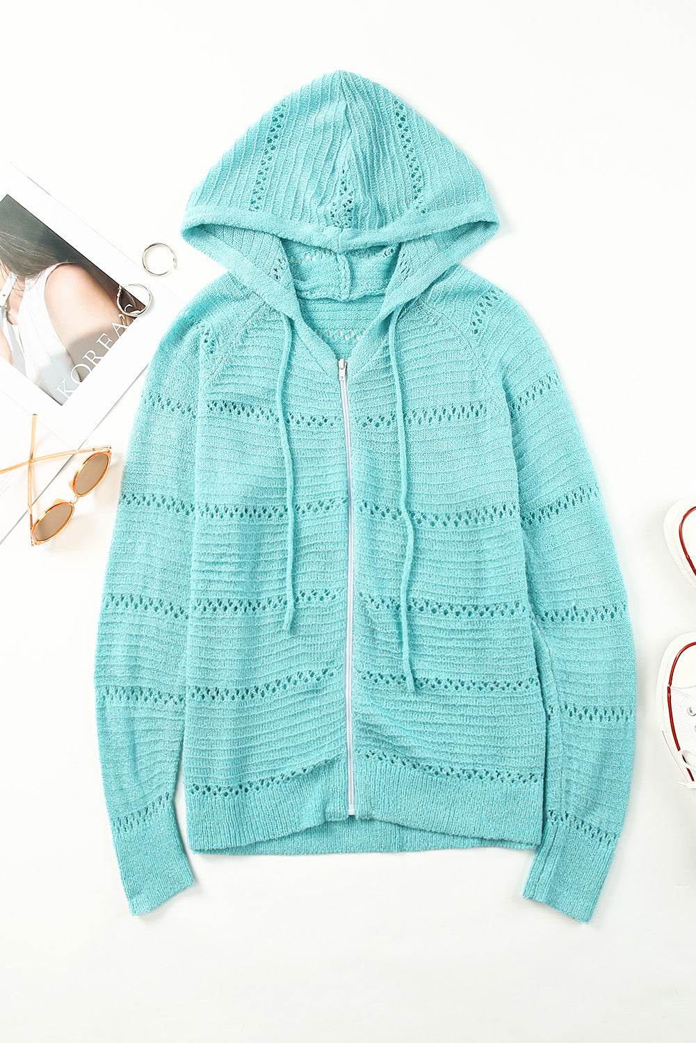 Zip-Up Raglan Sleeve Openwork Hooded Cardigan - Delanoir