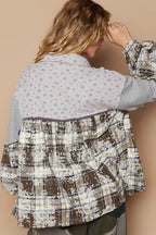 POL Balloon Sleeve Floral Color Block Plaid Shirt - Delanoir