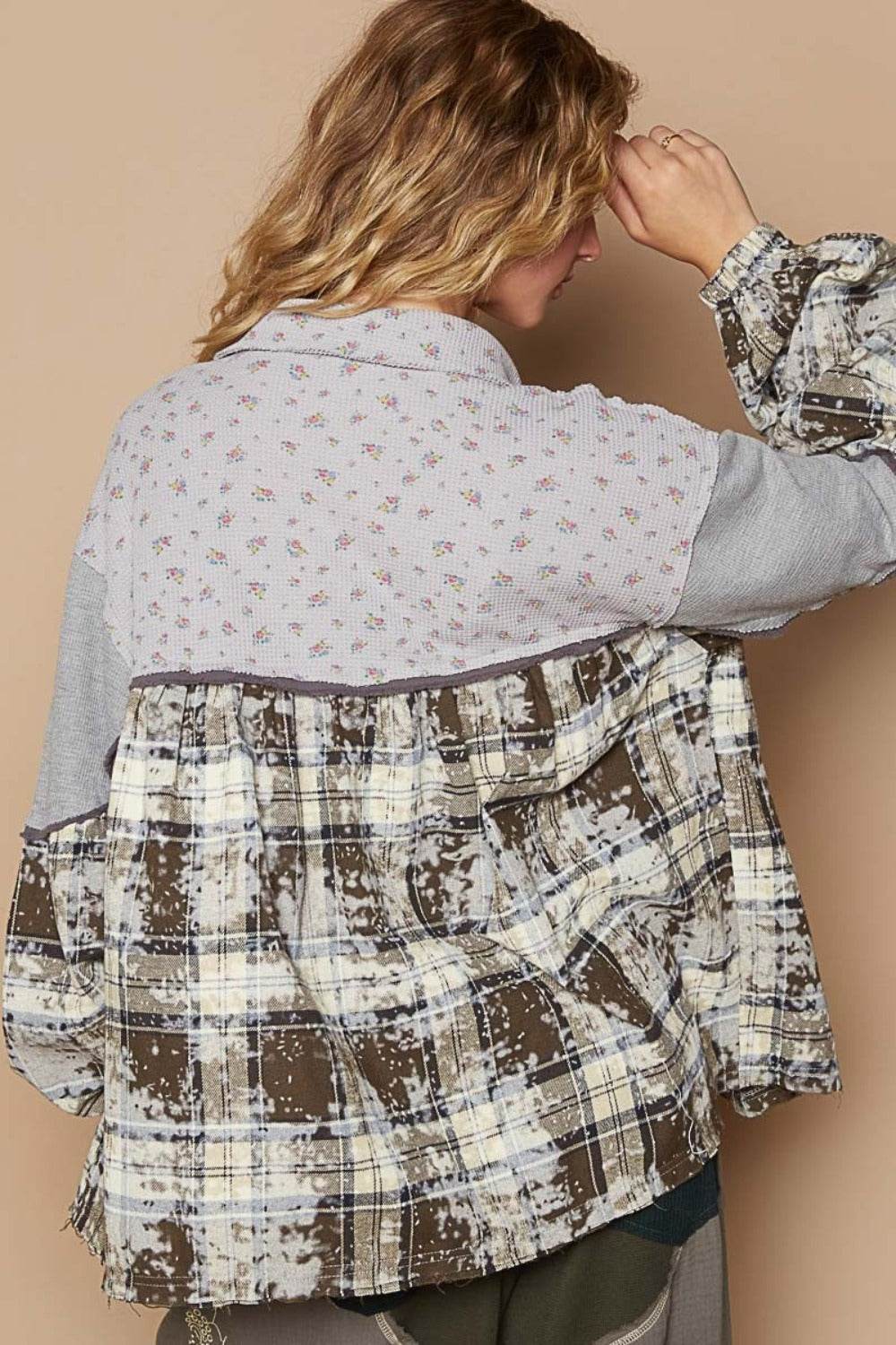 POL Balloon Sleeve Floral Color Block Plaid Shirt - Delanoir