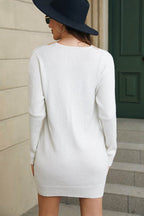 V-Neck Long Sleeve Mini Sweater Dress - Delanoir