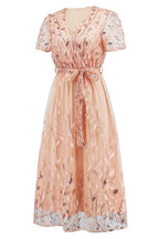 Sequin Leaf Embroidery Tie Front Short Sleeve Dress - Delanoir