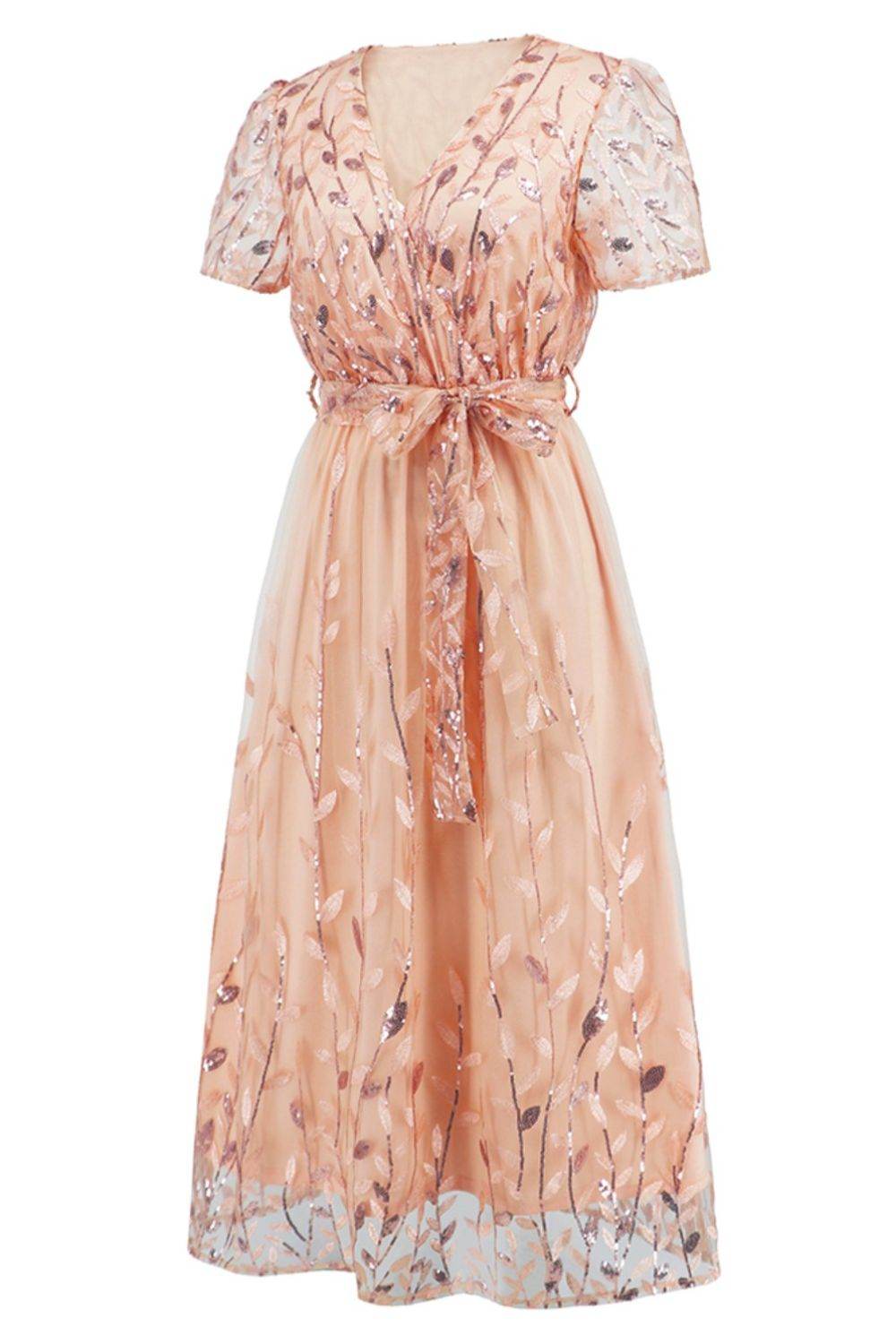 Sequin Leaf Embroidery Tie Front Short Sleeve Dress - Delanoir