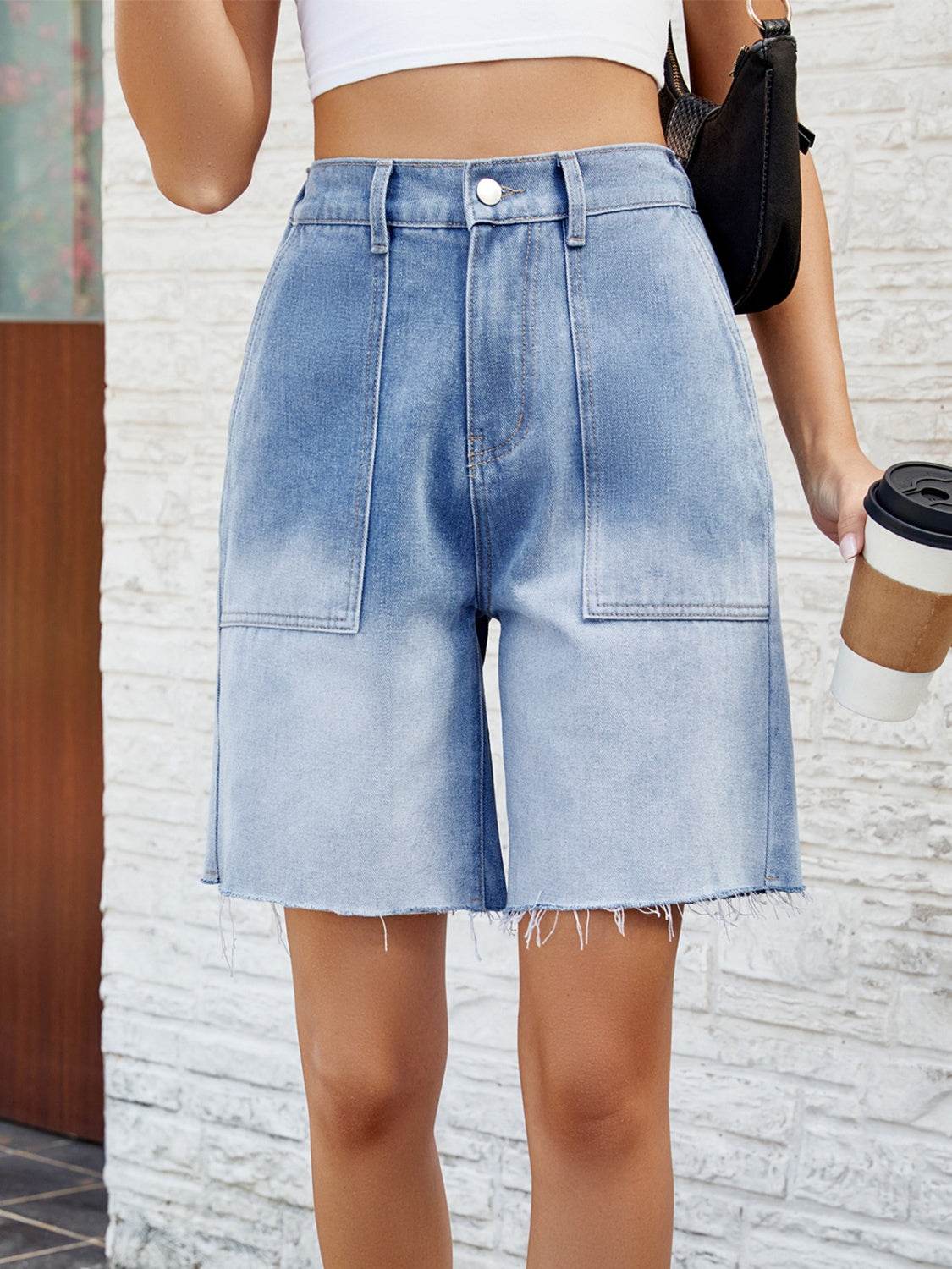 Buttoned Raw Hem Denim Shorts with Pockets - Delanoir