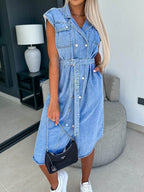Collared Neck Cap Sleeve Denim Dress - Delanoir