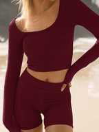 Scoop Neck Long Sleeve Top and Shorts Set - Delanoir