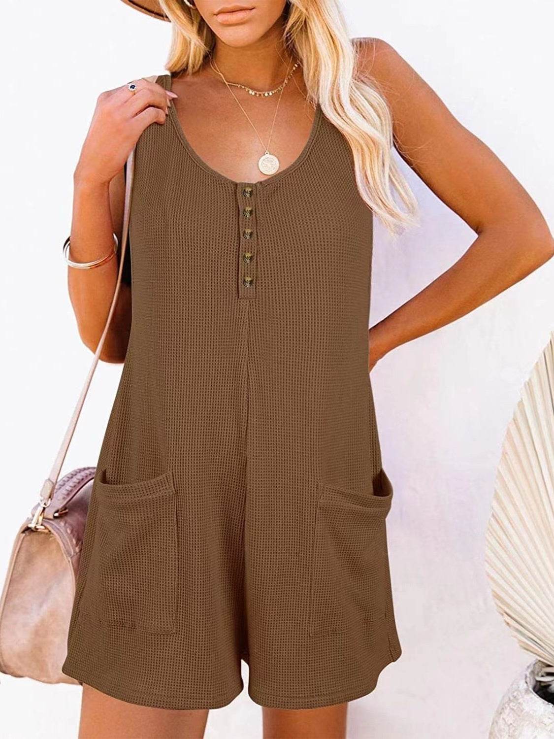 Full Size Pocketed Scoop Neck Sleeveless Romper - Delanoir
